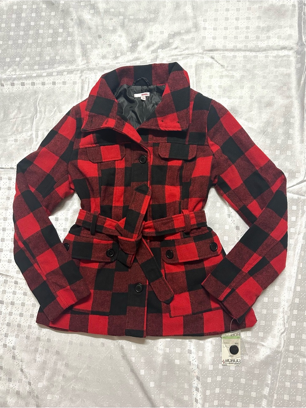 BONGO Red and Black Buffalo plaid pea coat.